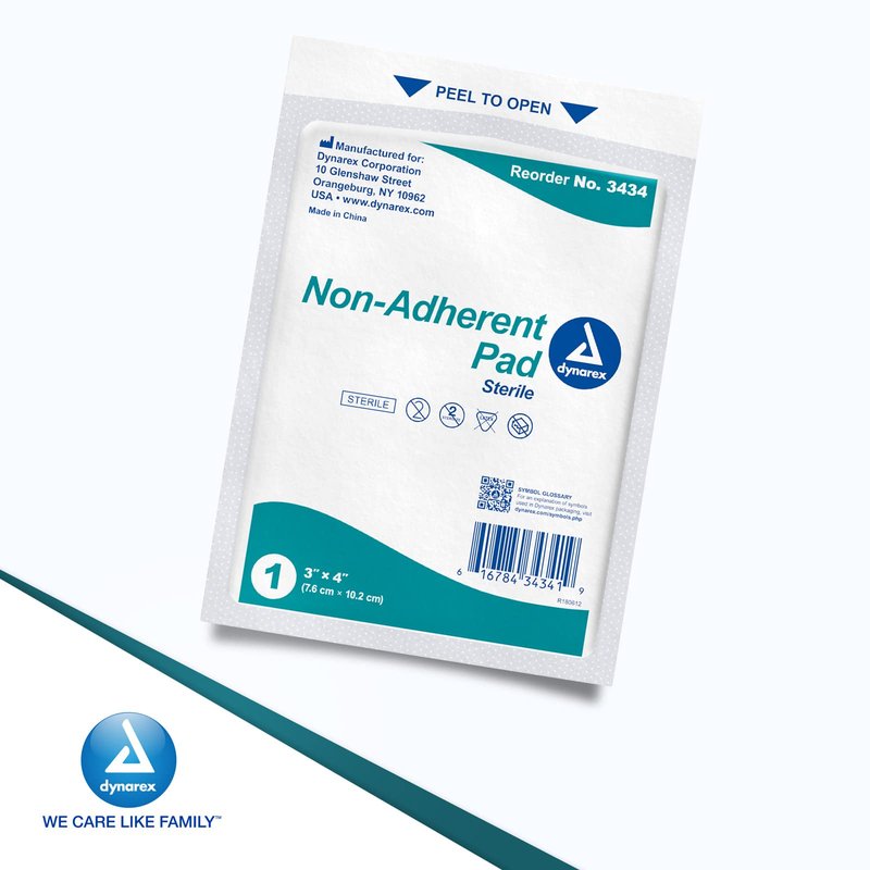 Dynarex Non-Adherent Pads-Sterile, Individually Packaged, Non-Stick Wound and Burn Care, Soft & Highly Absorbent, 3” x 4”, 1 Box of 100 Non-Adherent Pads-Sterile