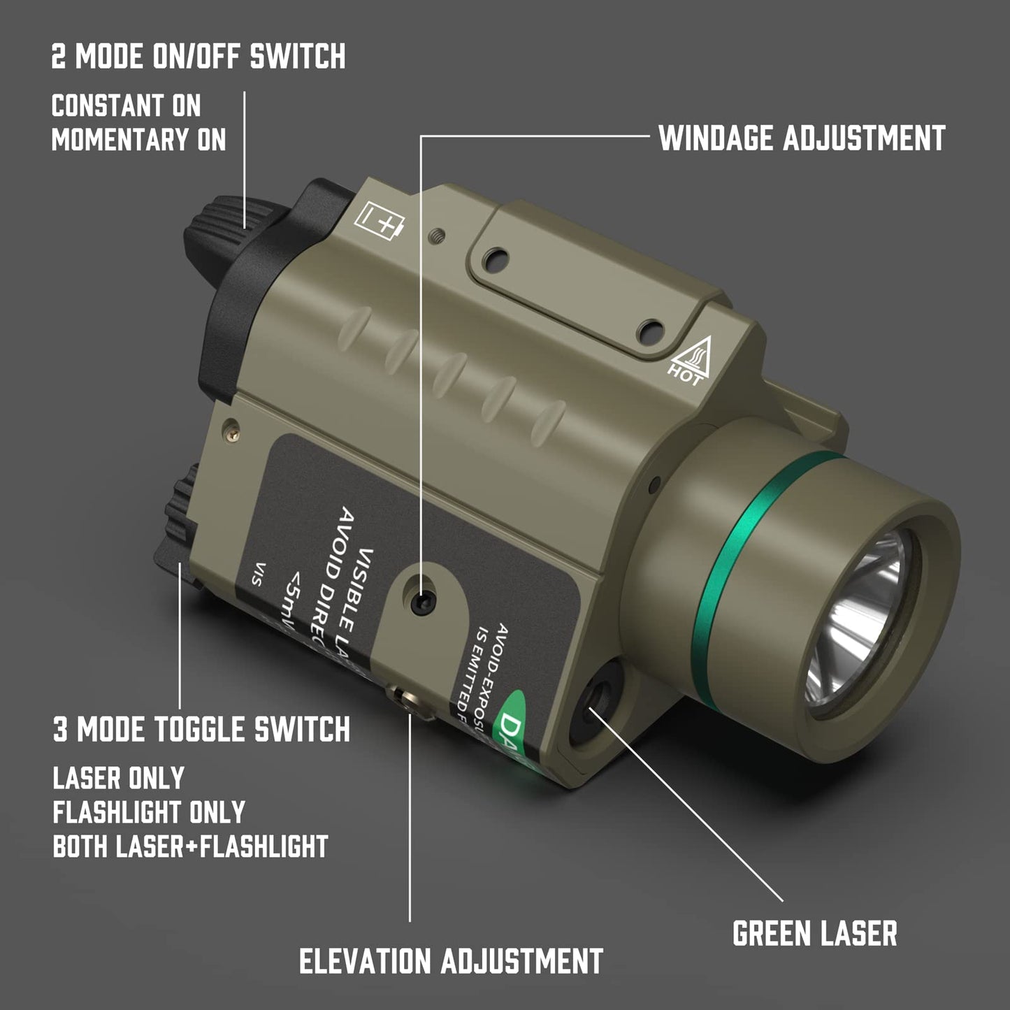 Feyachi LF-58 Green Laser Tactical Light Combo 200 Lumen LED Flashlight Laser with Picatinny Rail Mount for Pistol Handgun Rifle(Sand)