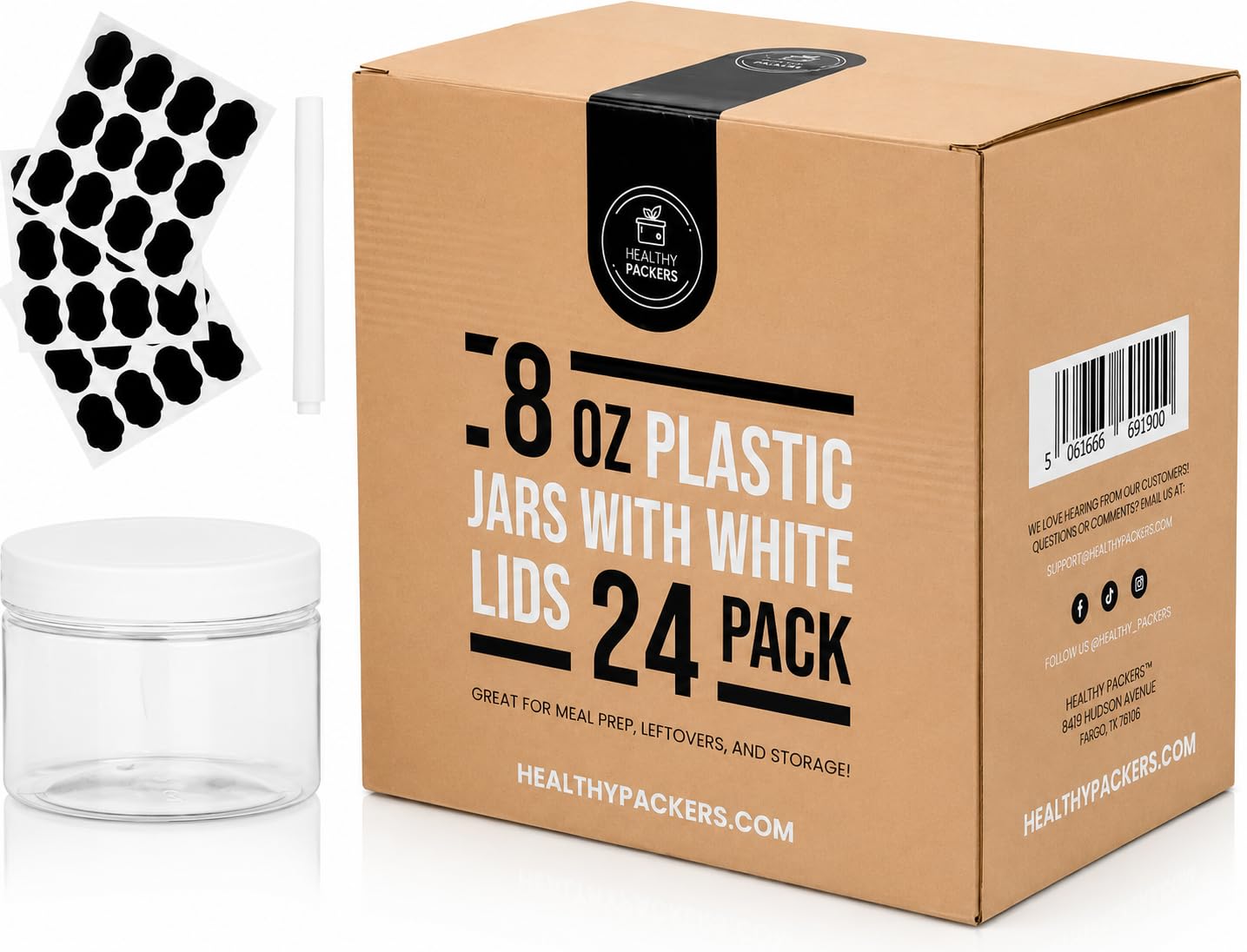 Healthy Packers 8oz Plastic Jars With Lids, Labels and White Marker - 24-Pack Small Plastic Containers with White Lids. Great for Slime, Lotion, Crafts, Travel General Storage