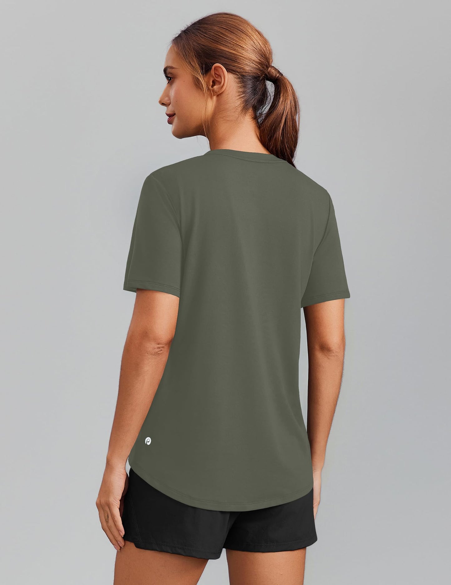 PINSPARK Breathable T-Shirts for Women Short Sleeve V Neck Moisture Wicking Workout Tops Quick Dry Lightweight Athletic Gym Shirts,Olive Green X-Large