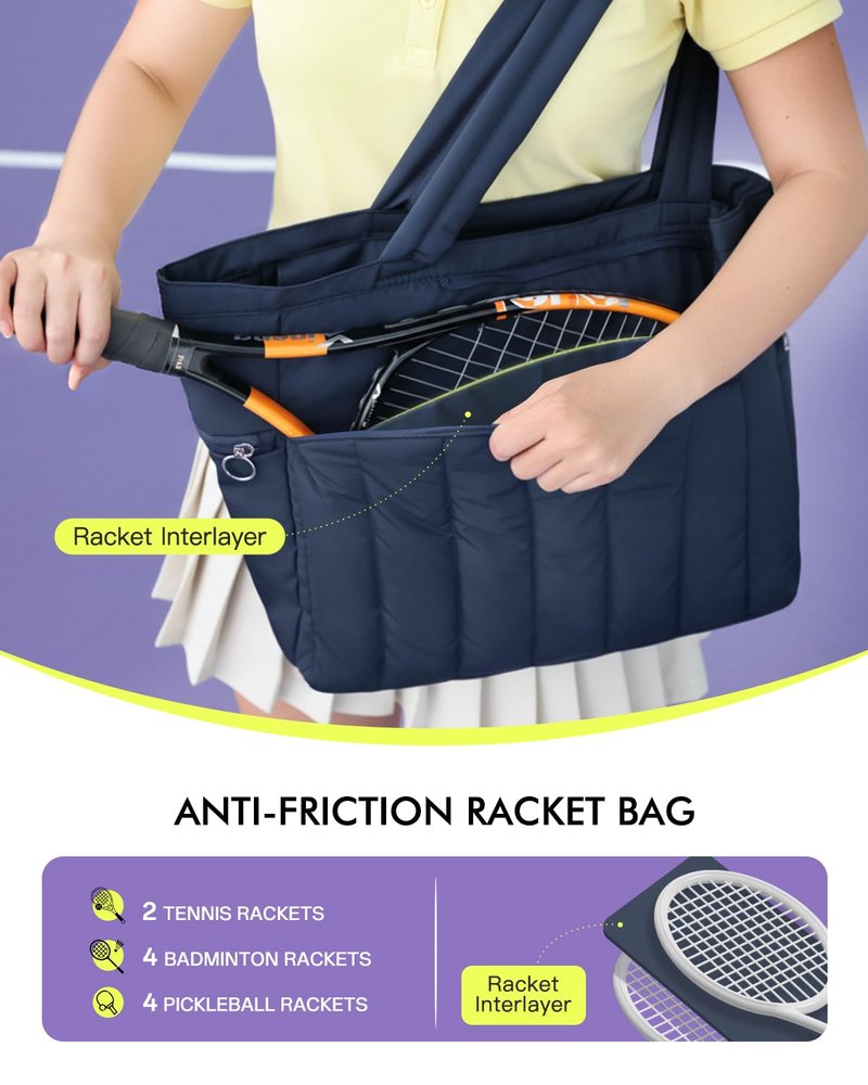 Movker Quilted Tennis Bag for Women & Men, Large Tennis Tote with Shoe Compartment & Waterproof Wet Pocket, Fits 2-4 Rackets & 15.6" Laptop, Lightweight Gym Duffle Sports Bag with Fence Hook(Navy)