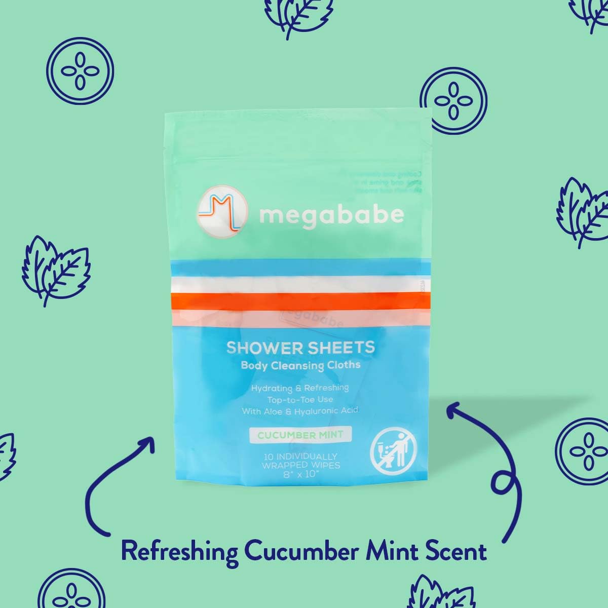 Megababe Cucumber Mint Shower Sheets | Summer and Hot Weather Essential | Individually Wrapped Body Cleansing Cloths | 10 Wipes (Pack of 1)