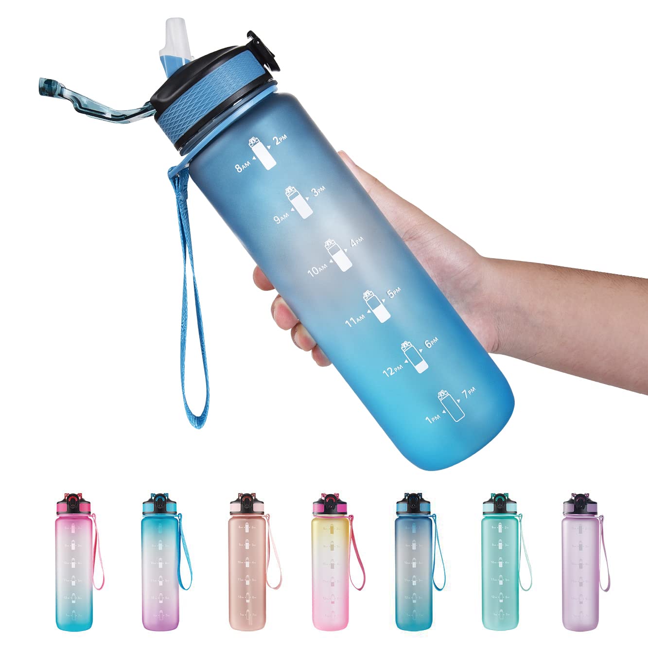 EYQ 32 oz Water Bottle with Time Marker, Carry Strap, Leak-Proof Tritan BPA-Free, Ensure You Drink Enough Water for Fitness, Gym, Camping, Outdoor Sports