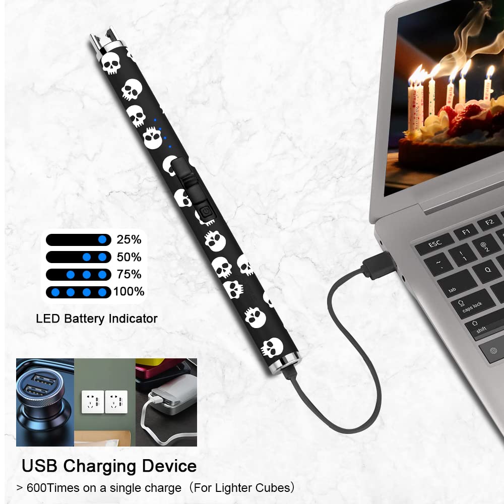 SUPRUS Electric Candle Lighter USB Type C Rechargeable Lighter with Upgraded LED Battery Display Safety Switch Flameless Plasma Windproof for Candle Cooking BBQs Fireworks (Skull)