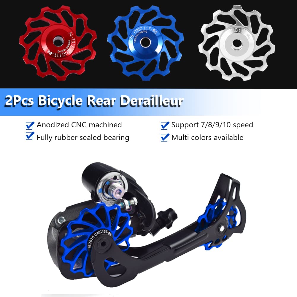 Ceramic Bearing Derailleur Pulley, Smooth Rolling Low Friction, 11T Road Bike Pulley Wheels, 2Pcs Blue for Cyclists Mechanics Road Cycling Maintenance