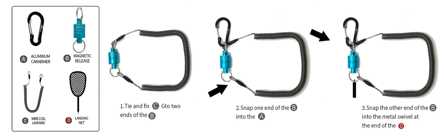 GOODCAT Strongest Magnetic Net Release Magnetic Keychain Fly Fishing Net Retractor Magnet Clip Holder Retractor with Retractable Coiled Lanyard Carabiner (Blue Magnet+ Black Carabiner)