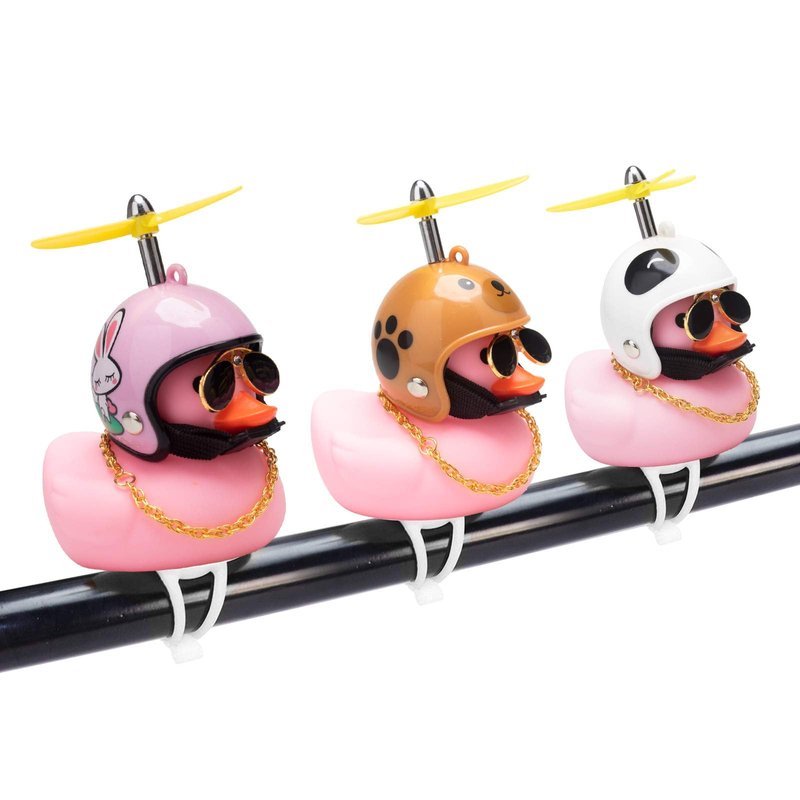 wonuu Rubber Duck Car Ornaments Pink Duck Bike Bell Cute Duck Car Dashboard Decorations Squeeze Duck Bicycle Horns with Propeller Helmet, Bandage and Gold Chain