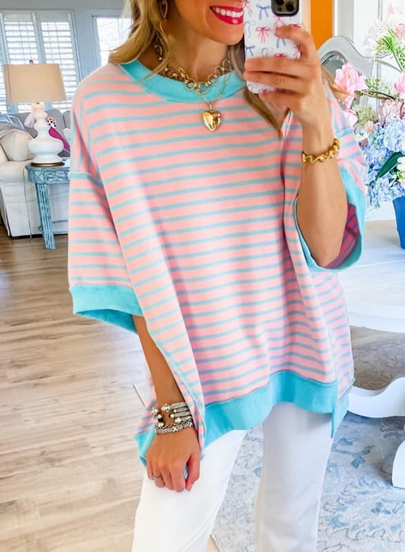 Casual Women's Short Sleeve Striped Sweatshirt | Comfortable Pullover T-Shirt Blouse