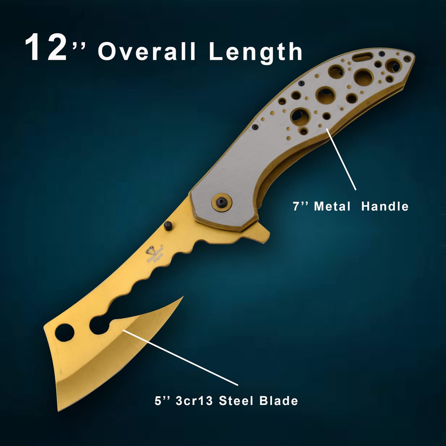 Snake Eye Tactical 12" Jumbo Huge Heavy Duty Ultra Smooth One Hand Opening Folding Pocket Knife Limited Edition Collectors Knife - Ideal for Recreational Work Hiking Camping (Gold)