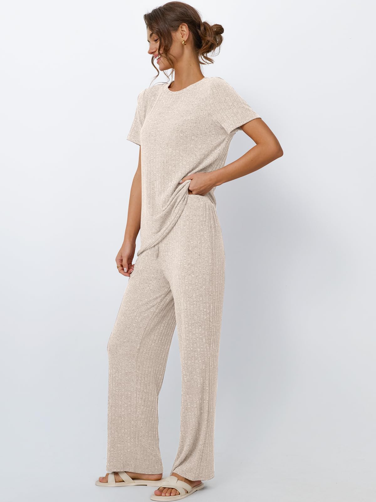 LILLUSORY 2 Piece Lounge Sets for Women Matching Summer Travel Outfits Spring Capsule Wardrobe Cruise Sets Cute Casual Pajamas Maternity 2026 Airport Clothes Apricot M