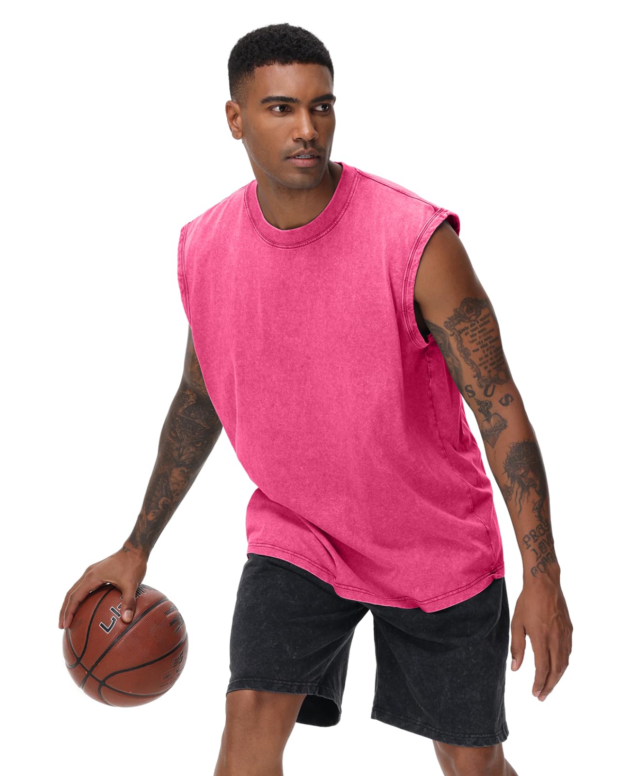 SnowElve Mens Workout Tank Tops Sleeveless Tee Shirts Men Muscle Shirt Gym Acid Wash T Shirts Running Beach Loose Fit Tee(PK,3XL) Pink