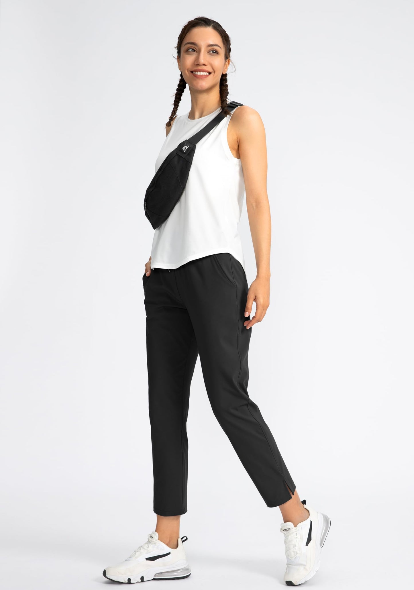 Soothfeel Women's Pants with 4 Pockets 7/8 Stretch High Waisted Sweatpants Travel Athletic Work Golf Pants for Women(Black, Large)