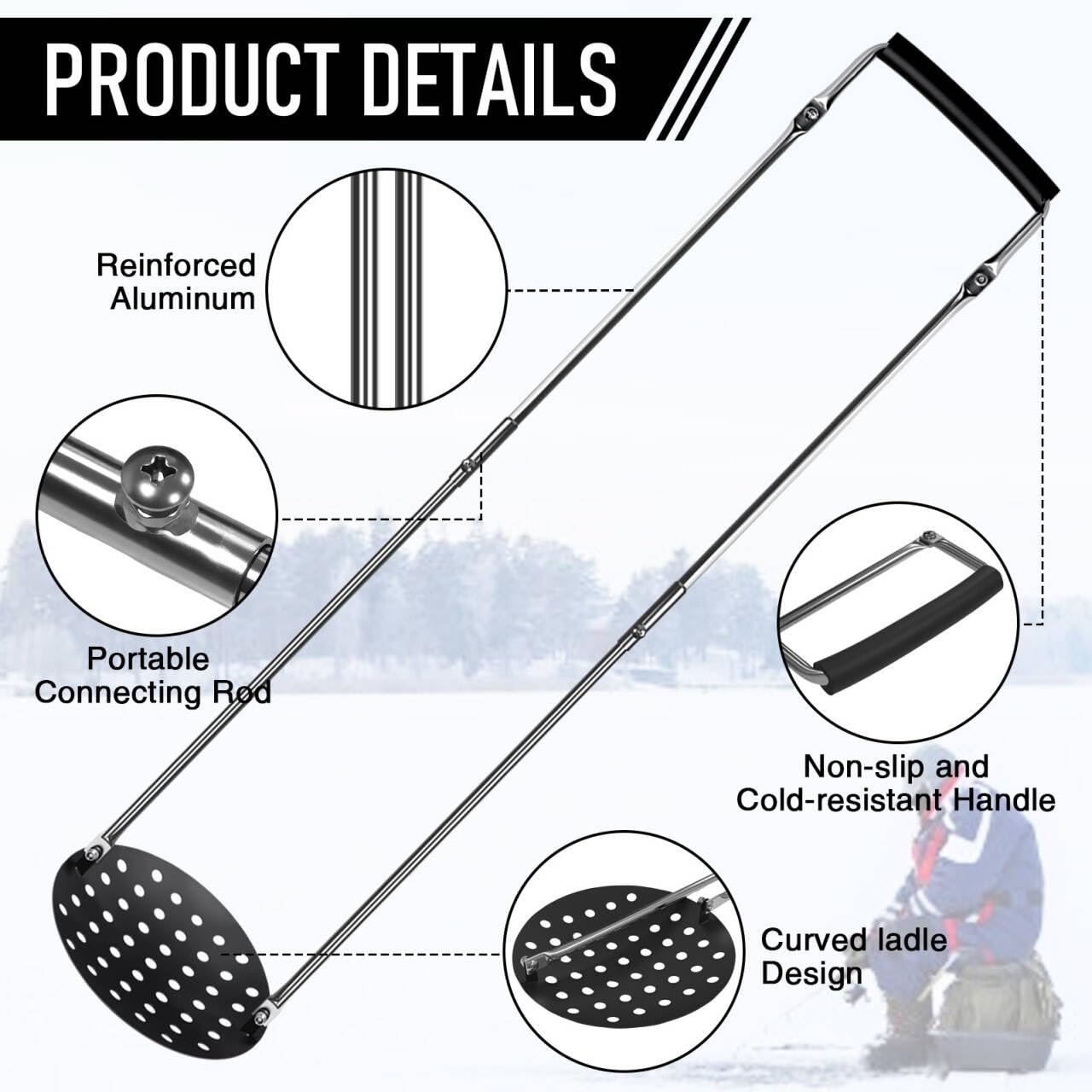Jarquia Ice Fishing Gear Ice Skimmer for 6" Ice Augers Hole Cleaner,Foldable Ice Fishing Scoop with 35" Uprights,Aluminum Ice Fishing Accessories