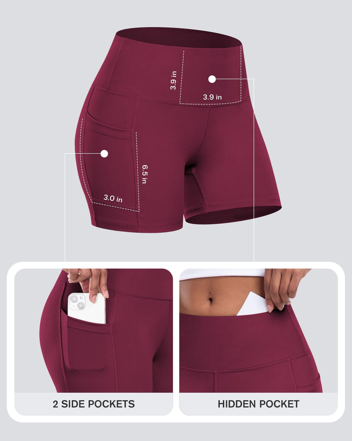 CHRLEISURE Womens Biker Yoga Shorts with Pockets: High Waisted Tummy Control Spandex Workout Athletic Gym Shorts 4 Packs(5'' Black,Gray,Navy,Wine, L)
