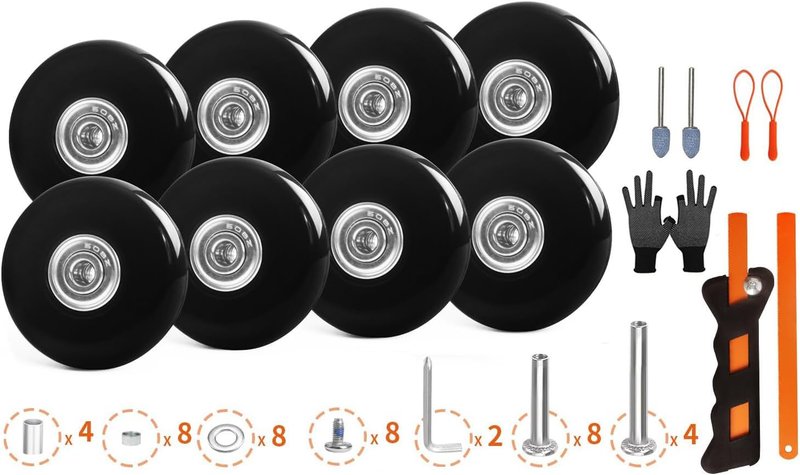 Luggage Wheels Replacement 50x14mm, 8PCS Swivel Caster Wheels with Axles & Repair Kit, Precision Ball Bearings for Quiet Smooth Rolling, Fit for Suitcase, Travel Trolley Bag, Cart Dolly, Black