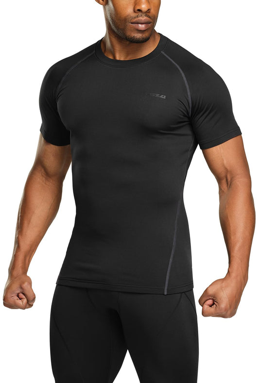 TSLA Men's Thermal Short Sleeve Compression Shirts, Athletic Sports Base Layer Top, Winter Gear Running T-Shirt, Heatlock Short Sleeve Black & Charcoal, XX-Large