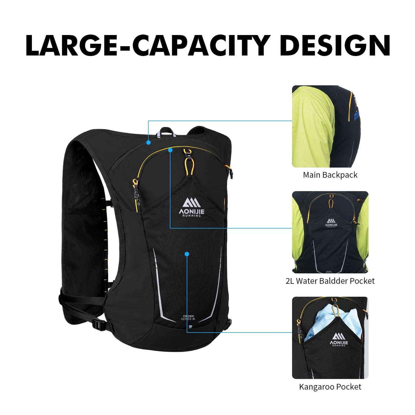 AONIJIE Running Hydration Vest for Men & Women, 8L Hydration Backpack, Multiple Pocket Designs for Water Bottles/Bladders, Lightweight Breathable for Hiking, Climbing, Marathon & Cycling - Black