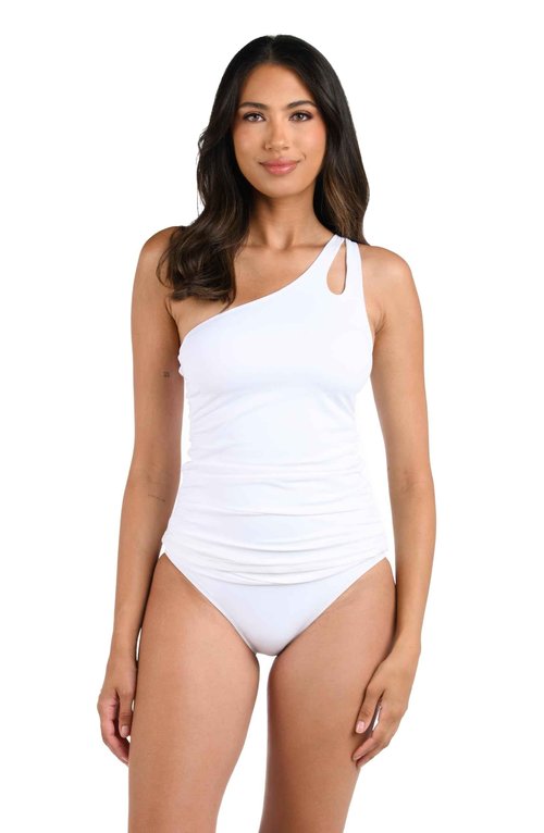 La Blanca Women's Standard Island Goddess One Shoulder Keyhole Tankini Swimsuit Top, White, 12