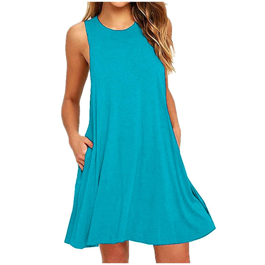 Borniu Summer Dresses for Women 2024 Casual Beach Sleeveless Tank Dress Crewneck Swing T Shirt Dresses Pockets Loose Sundress