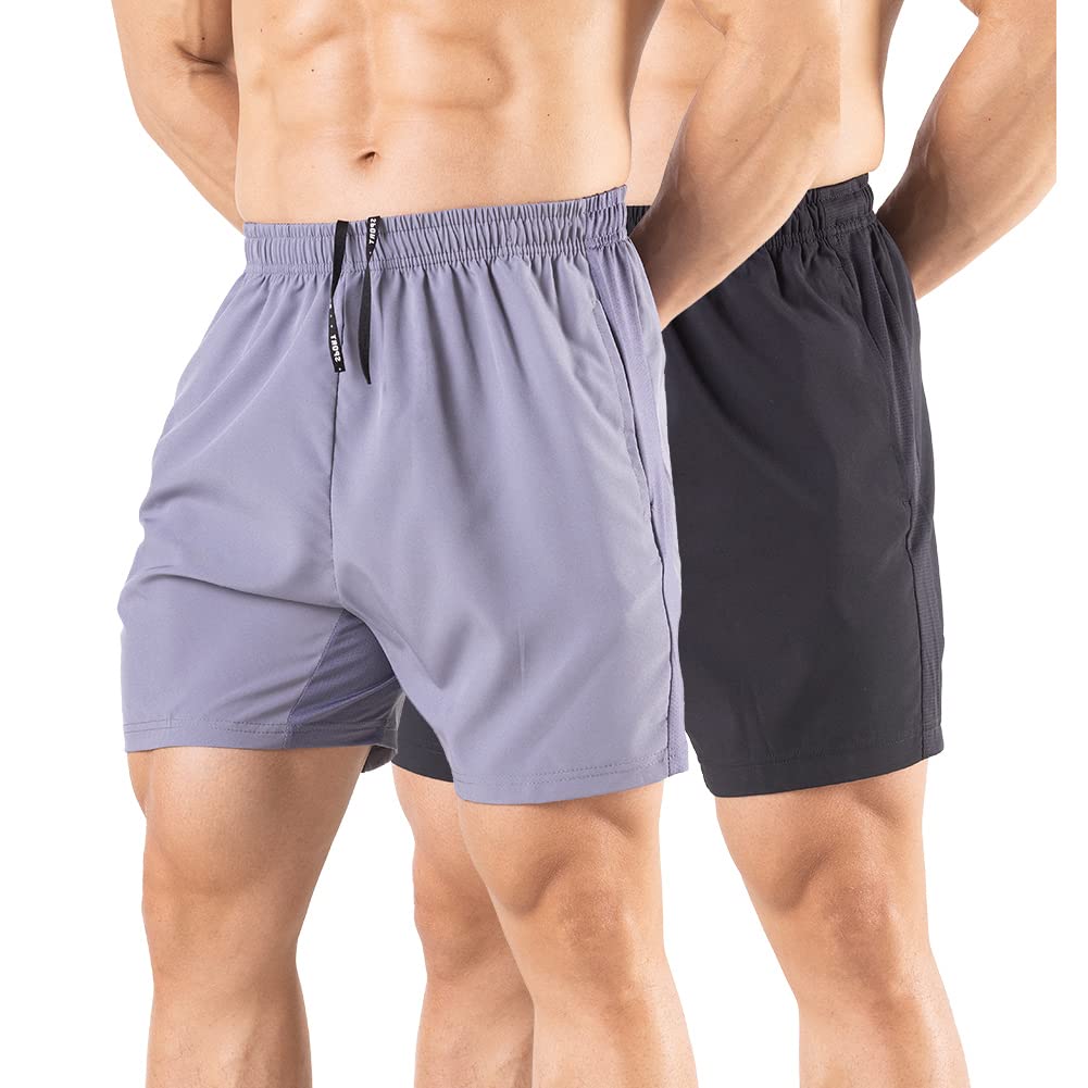 Gaglg Men's 5" Running Shorts 2 Pack Quick Dry Athletic Workout Gym Shorts with Zipper Pockets Black/Gray,Small