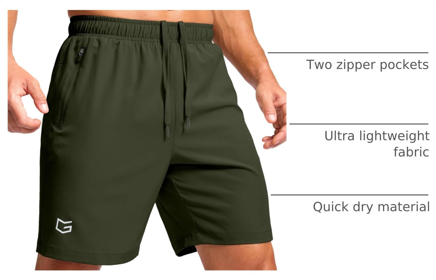 G Gradual Men's Athletic Running Shorts with Zipper Pockets Quick Dry 7"/ 5"/ 9" Workout Gym Shorts for Basketball Hiking(Olive,7S)