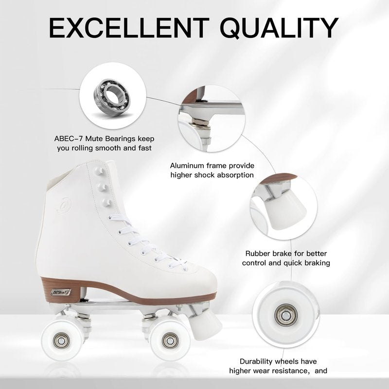 Besketo Classic High-top Roller Skates, PU Leather, Four-Wheel, Indoor/Outdoor, Beginner