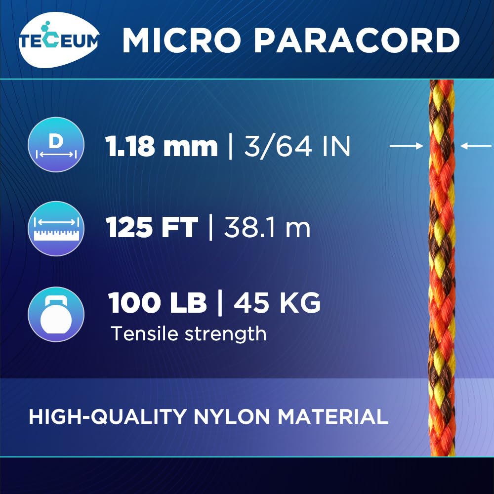 TECEUM Micro Paracord – Fireball – 1.18 mm x 125 ft – Micro Utility Cord – Thin Braided Paracord Rope Nylon Polyester – Wind Chime Replacement – Survival Strong String 5368с