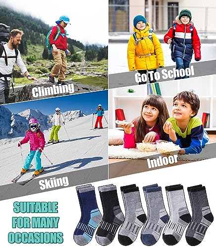 LINEMIN Kids Merino Wool Hiking Socks Toddlers Boys Girls Winter Warm Thick Thermal Boot Cushion Crew Socks 6 Pairs (8-12 Years, Mix Color Hiking Socks)