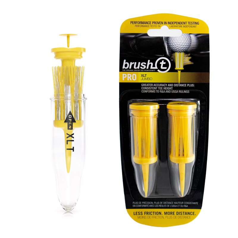 BRUSH-T Premium Plastic Golf Tees, Yellow XLT 2-Pack, Size 3 1/8", Unbreakable Innovative Design, Consistent Height, Perfect Golf Gift for Men and Women. Golfing Tees, Works With Any Golf Ball