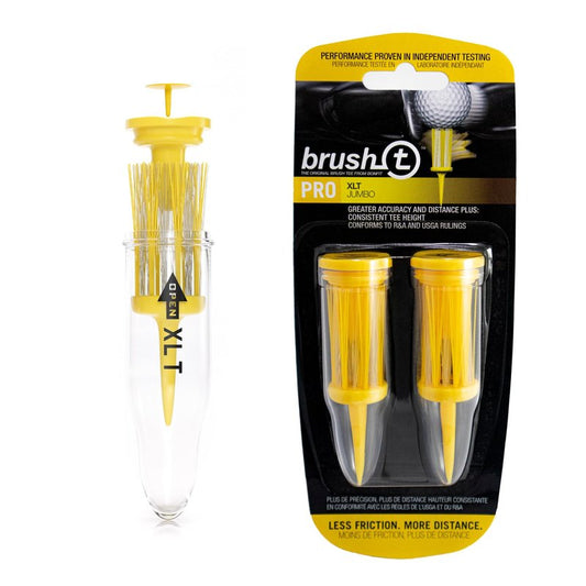 BRUSH-T Premium Plastic Golf Tees, Yellow XLT 2-Pack, Size 3 1/8", Unbreakable Innovative Design, Consistent Height, Perfect Golf Gift for Men and Women. Golfing Tees, Works With Any Golf Ball