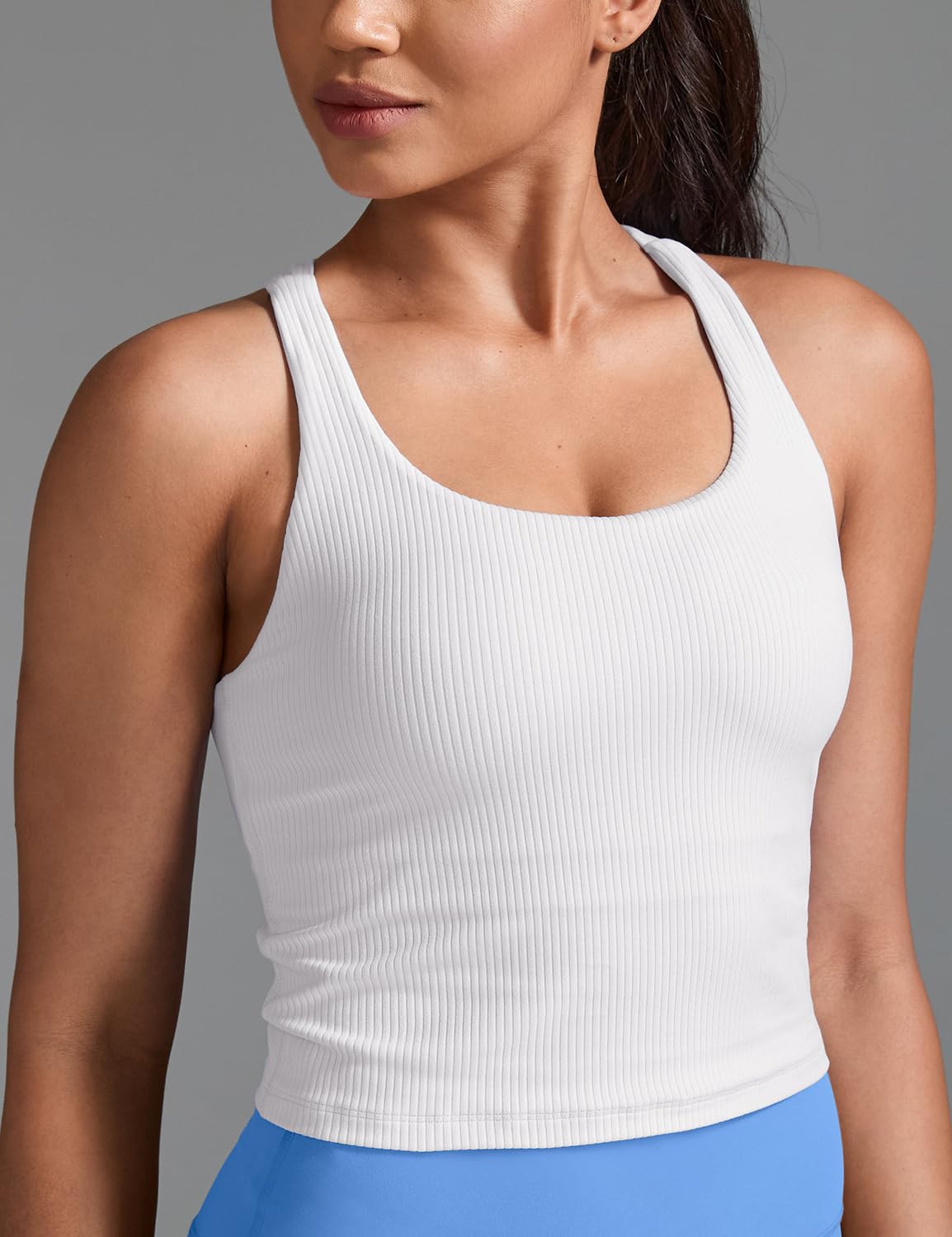 HeyNuts Zeal Longline Ribbed Sports Bras for Women, Medium Impact Wirefree Yoga Tank Tops Criss Cross Back Crop Tops Workout Bras White M