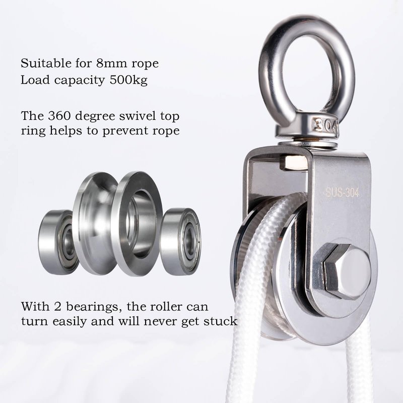 KCNOFNC Heavy Duty Cable Single Pulley Block Wheel, with Ball Bearings for Wire Rope, with 32ft(10m) 0.31in(8mm) Nylon Rope and Clip, DIY Pulley System for Gym Equipment Workout, Winch, Lifting, 1Pack