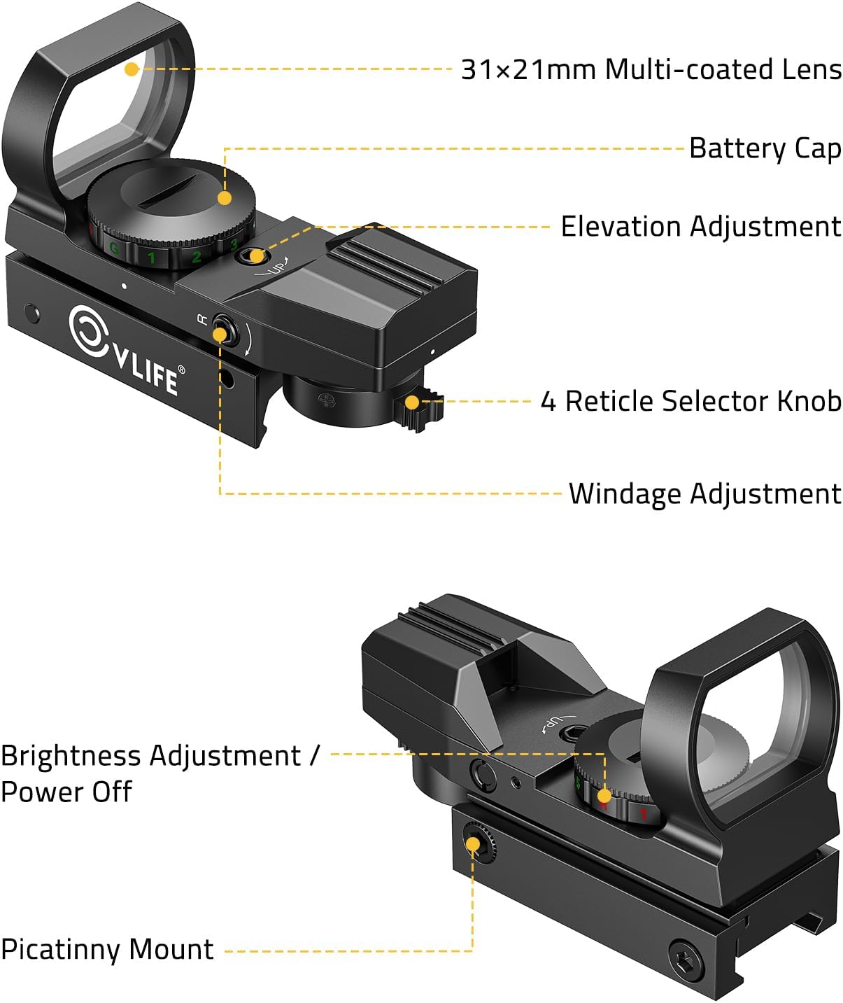 FoxSpook Green & Red Dot Sight - Motion Awake Multi Reticle Reflex Optics for Picatinny | 31×21mm Large Window