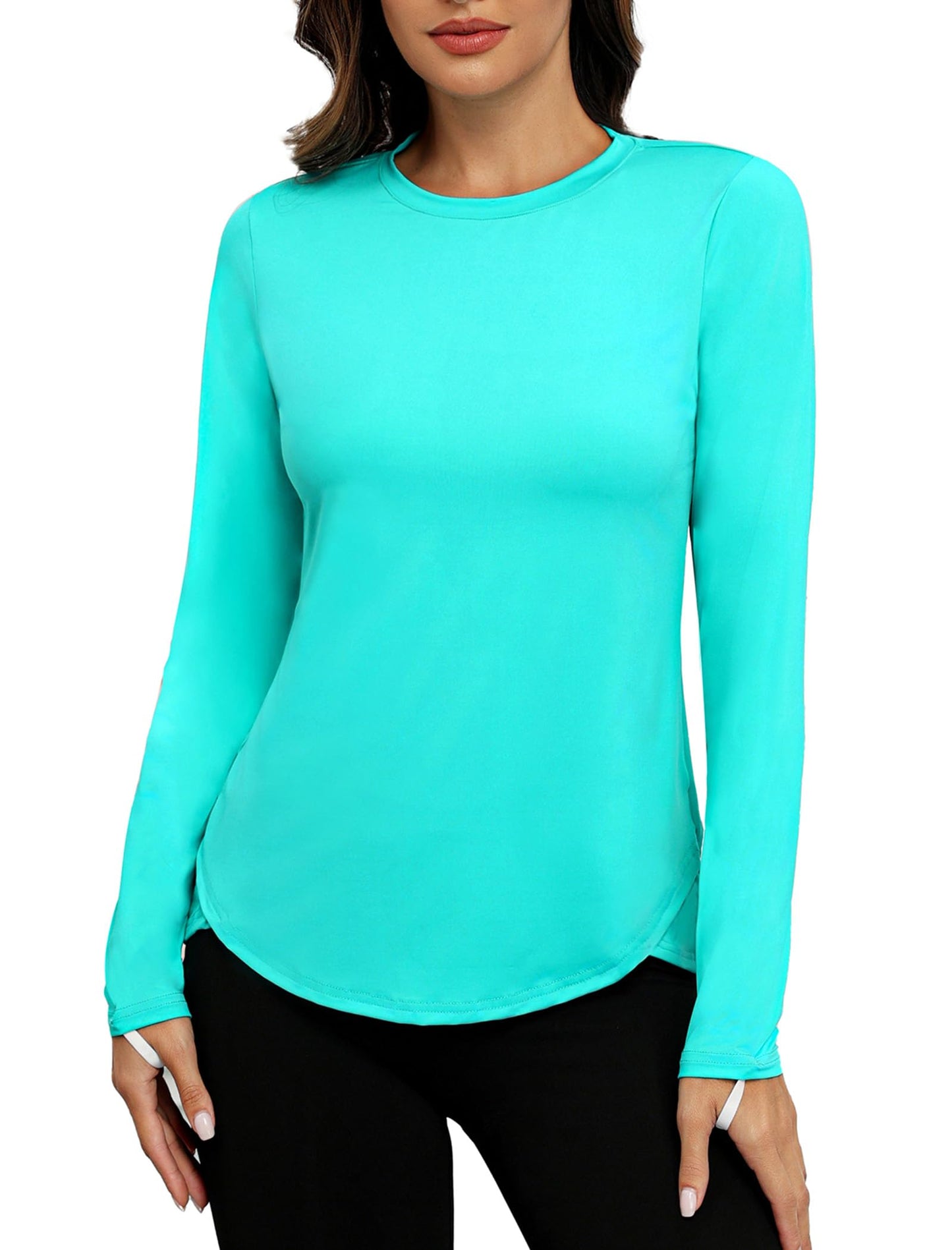 PINSPARK Women Sun Shirts Long Sleeve UPF 50+ Workout Tops with Thumbholes Moisture Wicking Hiking Top 2024, Turquoise XL