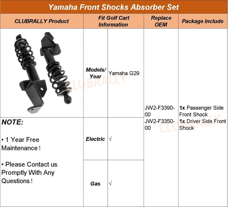 CLUBRALLY Front Shocks Absorber Set Applicable to Yamaha Drive G29 Golf Carts Passenger Side and Driver Side, OEM#JW2-F3390-00-00, JW2-F3350-00