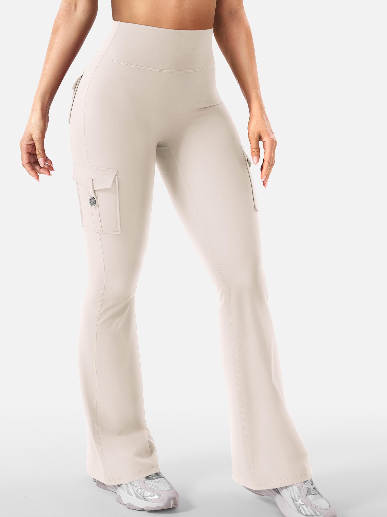 YEOREO CoreFlex Women Workout Flare Leggings with Pockets Hidden Scrunch High Waisted Cargo Gym Yoga Leggings Light Khaki M