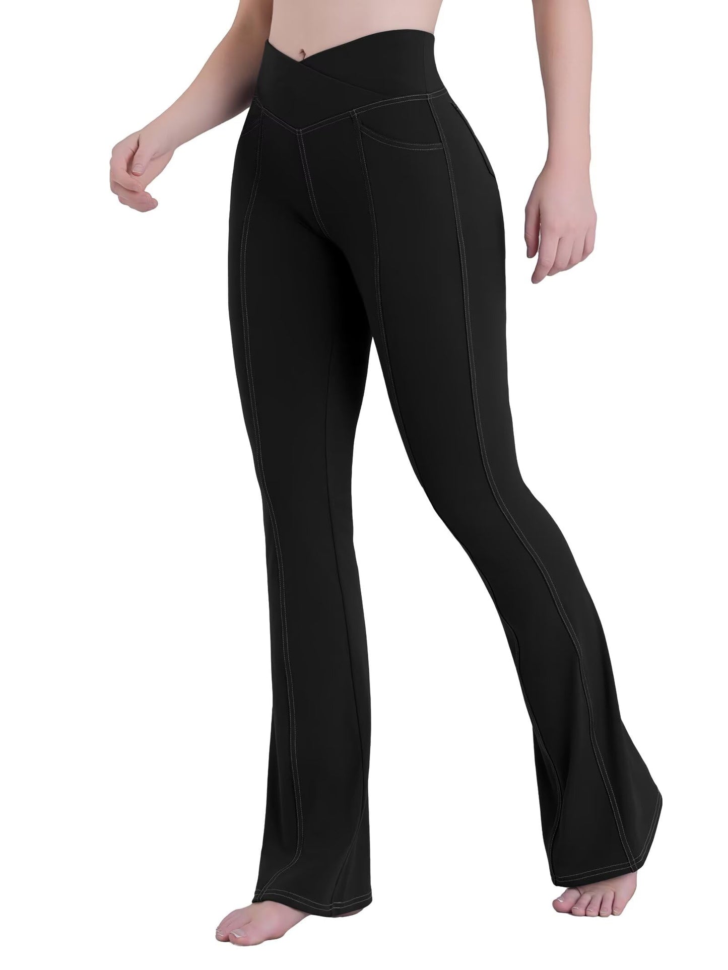 Sunzel Flare Leggings for Women High Waist Workout Leggings with Pockets Tummy Control Wide Leg Flared Yoga Pants 32" Black Large