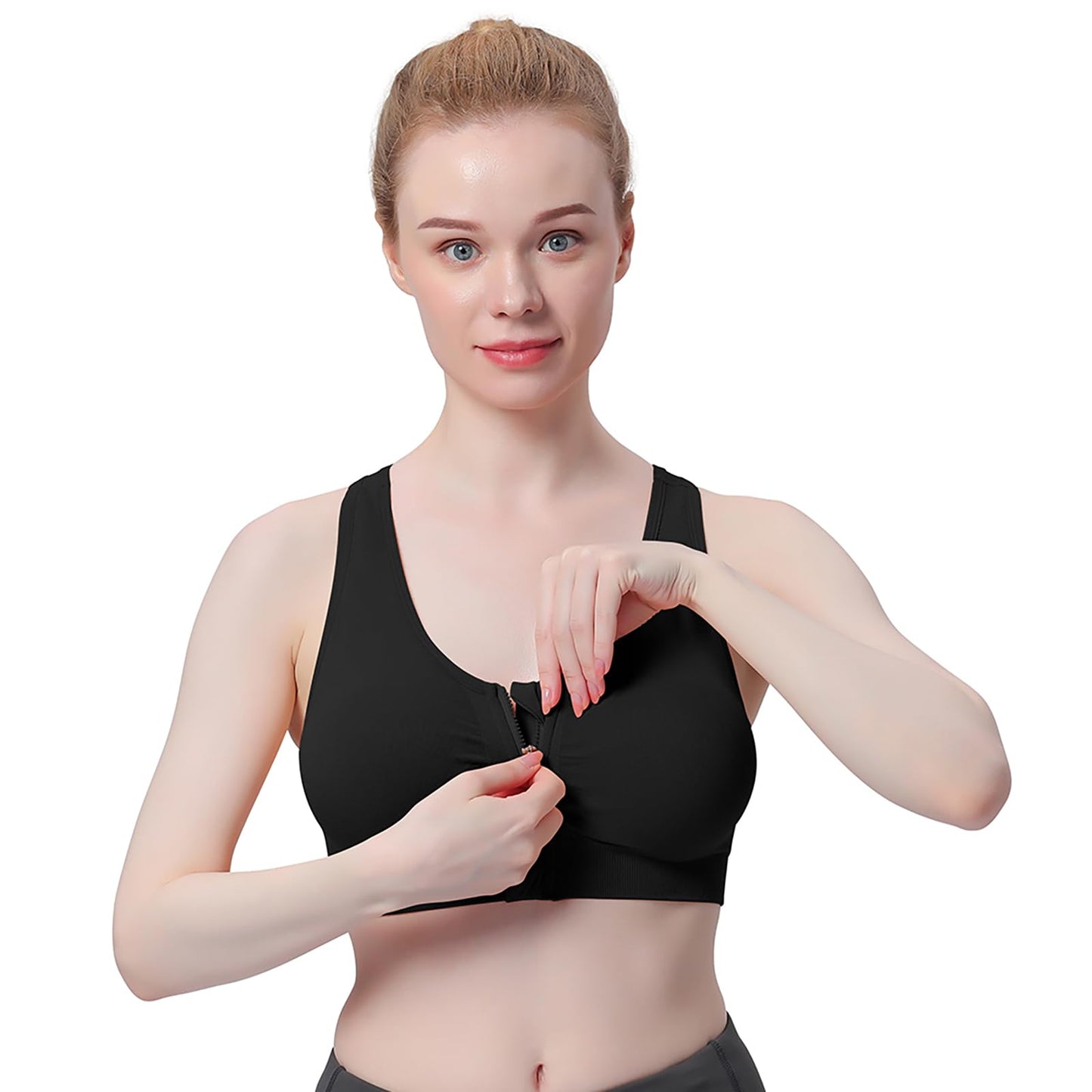 Women's Zip Front Sports Bra Wireless Post-Surgery Bra Active Yoga Sports Bras (XL:Fit 36D,36DD,38C,38D,40B,40C, 3 Pack(Black+Grey+Flesh))