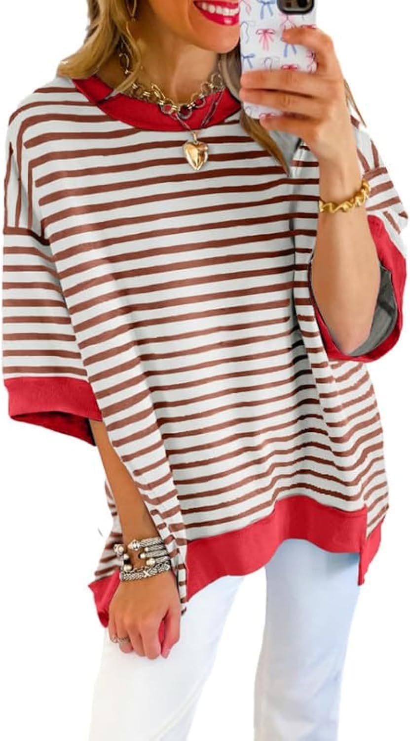 Womens Casual Striped Short Sleeve Sweatshirt - Comfortable Crewneck Pullover Top | Loose Fit Blouse