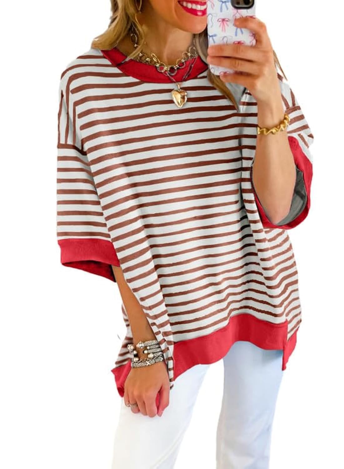 SHEWIN Women Oversized Top Striped Sweatshirt Pullover Shirt Brown, 2XL