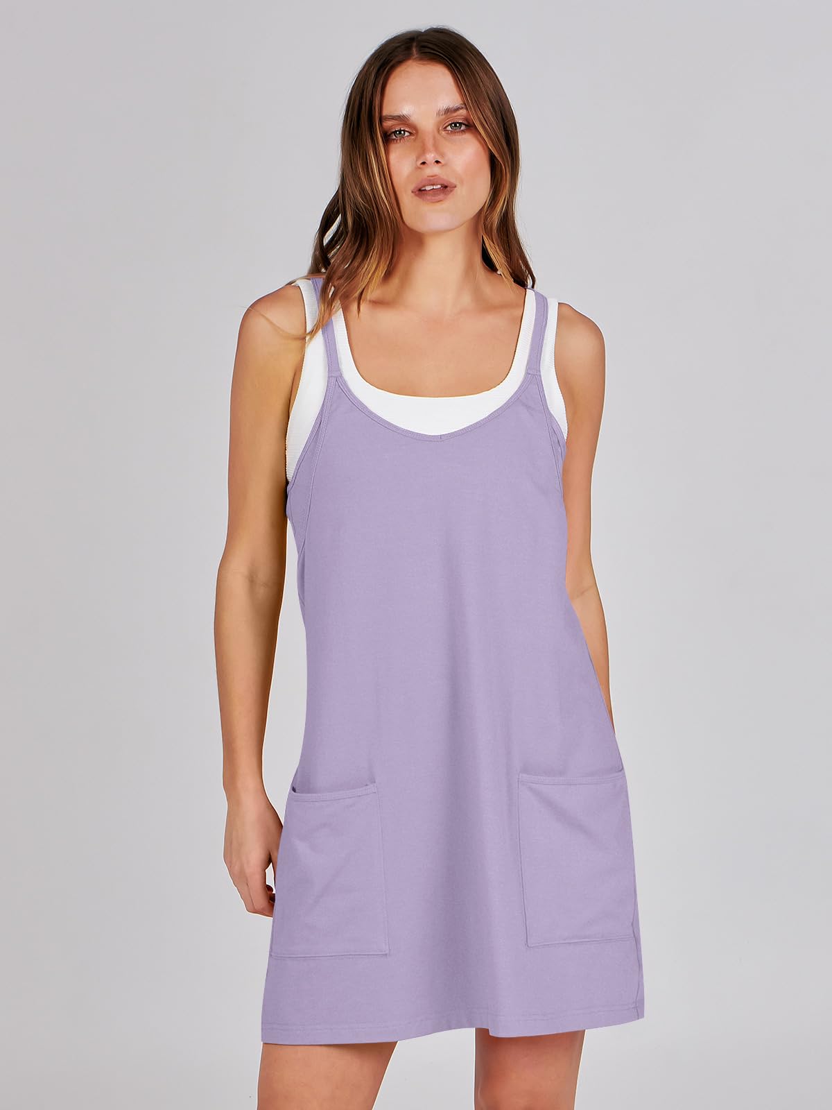 ANRABESS Women Athletic Dress Summer Tennis Workout Active Sports Mini Romper Dress Built in Shorts Travel Vacation Clothes Light Purple Large