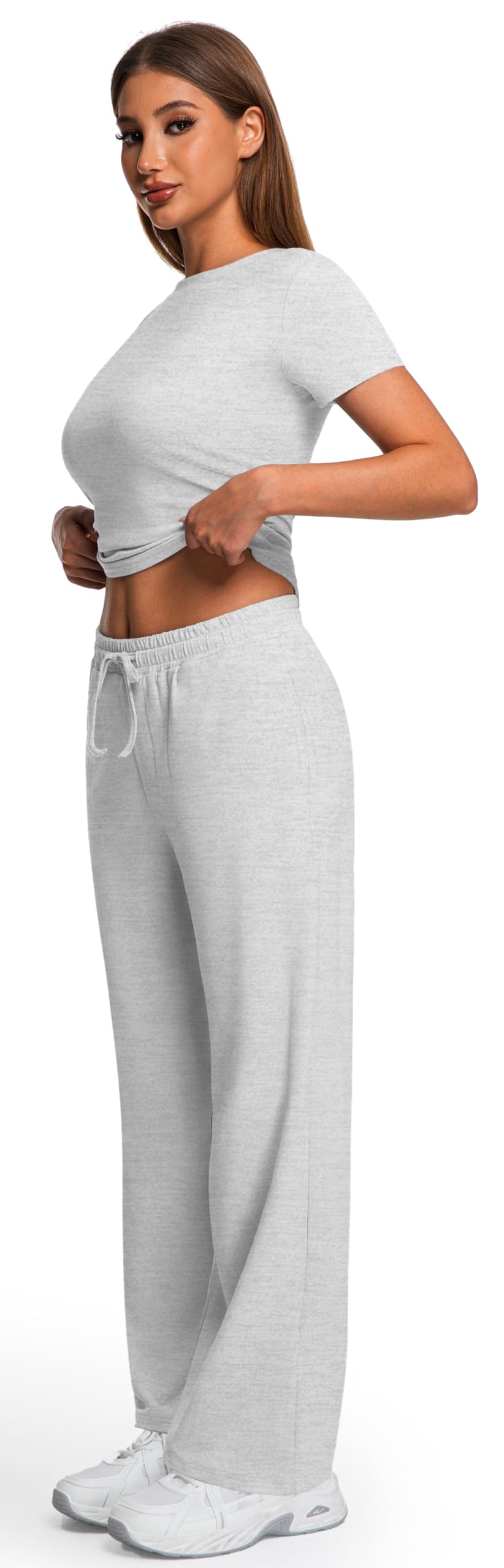 Kivdol 2 Piece Matching Summer Sweatsuit Lounge Set Womens Wide Leg Pants Side Ruching Crop Top Sets