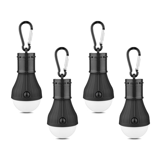 LED Camping Tent Lantern, Portable Outdoor Waterproof Emergency Light Bulb, Battery Powered with Clip Hook, Super Bright, for Hiking, Party，Camping, Fishing, Power Failure (4 Packs, Black )