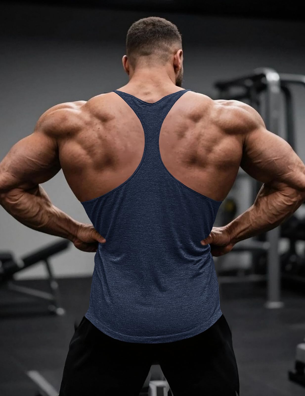 Muscle Cmdr Men's 3 Pack Stringer Tank Tops Bodybuilding Y-Back Gym Fitness Workout Training Running T-Shirts Athletic Quick Dry Top (Black,Grey,Blue,Thin Shoulder, 2XL)