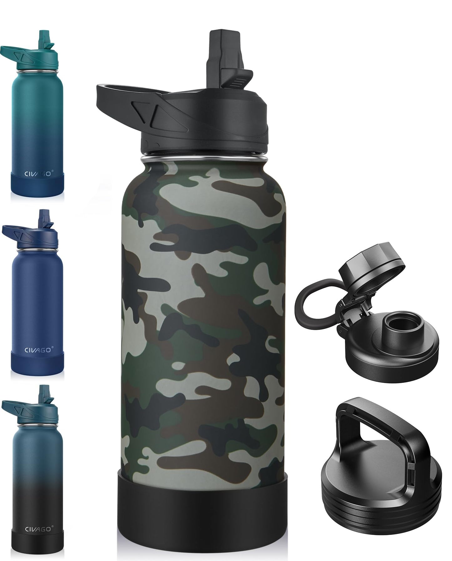 CIVAGO 32 oz Insulated Water Bottle With Straw, Stainless Steel Sports Water Flask Cup with 3 Lids (Straw, Portable Spout and Handle Lid), Double Walled Travel Thermal Canteen Mug, Camo