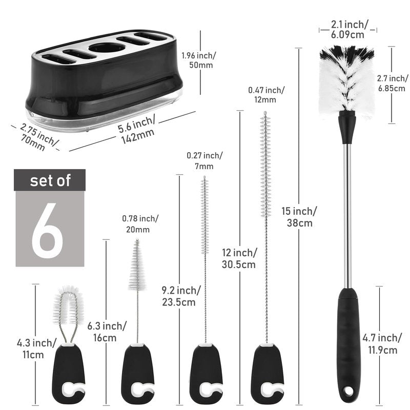 ALINK 5 Pack Bottle Brush Cleaning Set with Holder, Bottle Cleaner with Stand, Straw Nipple Lid Brush for Stanley， Yeti, Owala Tumblers, Starbucks, Mason Jar, Glasses, Jugs - Black