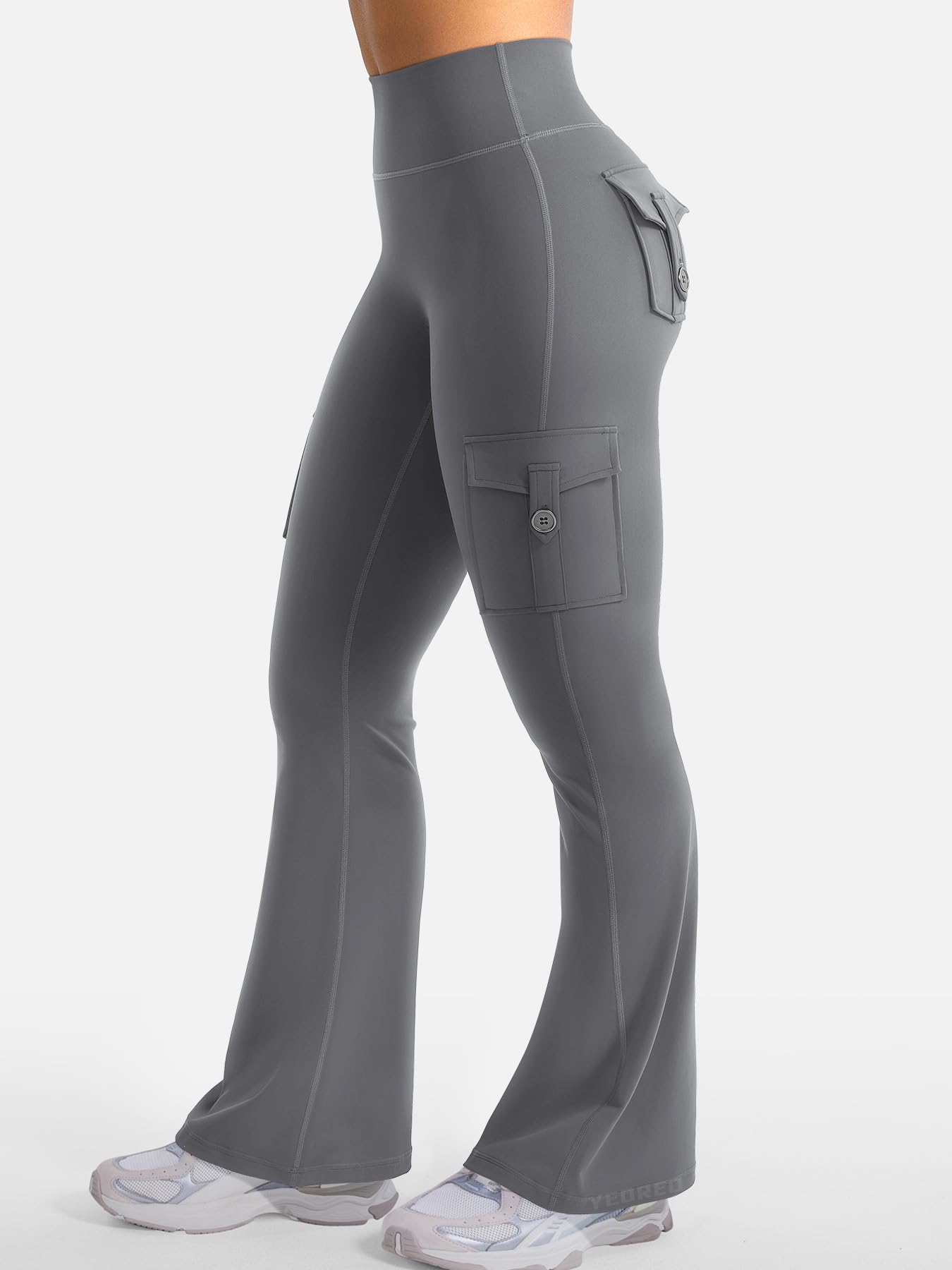 YEOREO CoreFlex Women Workout Flare Leggings with Pockets Hidden Scrunch High Waisted Cargo Gym Yoga No Front Seam Leggings Grey XS