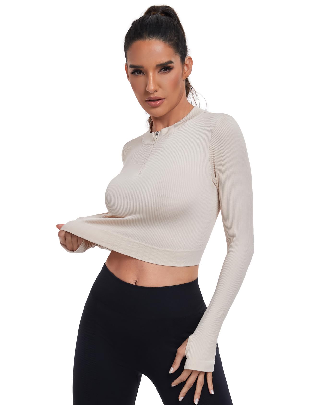 VEQKING Woman Cropped Long Sleeve Top Half Zip Workout Shirts Thumbholes Ribbed Seamless T-Shirt for Running Gym Fitness Beige