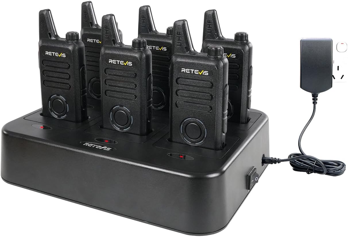 Retevis RT22S Rechargeable Long Range Walkie Talkies - 2 Way Radios with Earpiece & Mic Set | 6 Pack with Multi Gang Charger