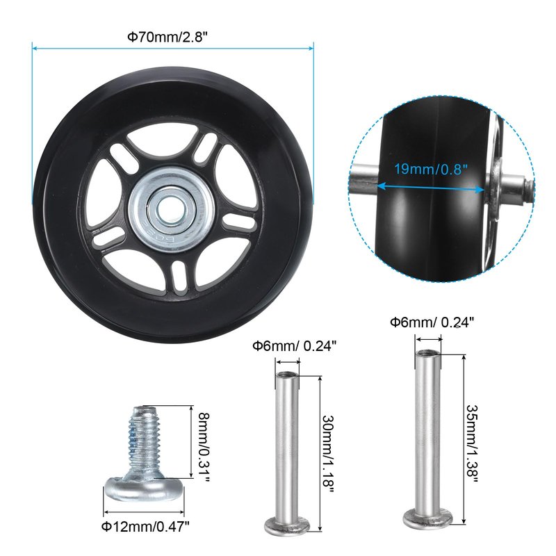 uxcell Luggage Wheels Replacement 70 x 19 mm/2.8" x 0.8" Rubber Swivel Caster Bearing Wheels Repair Kits for Suitcase Inline Outdoor Skate, Black 2Set